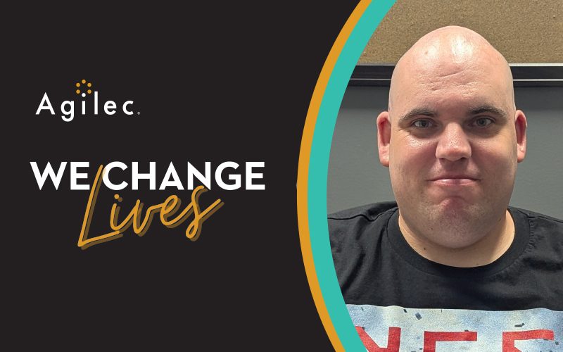 Agilec and We Change Lives Logo, picture of a man in black shirt