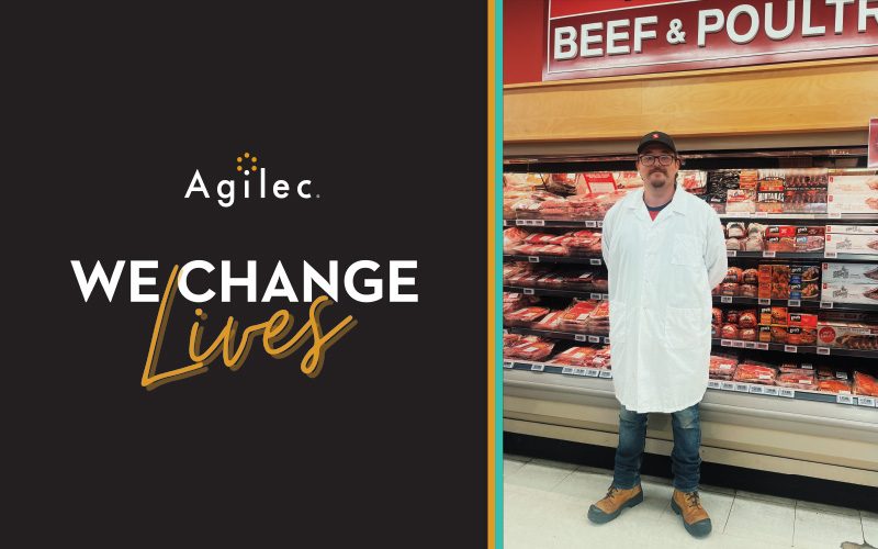 Agilec logo, We Change Lives wordmark, picture of man at a meat department in a grocery store