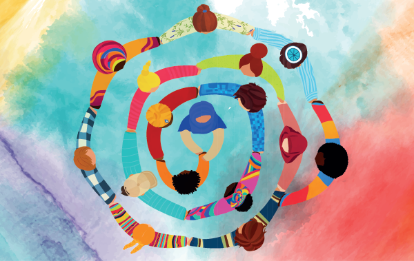Diverse people unite in a colorful spiral circle seen from above symbolizing connection and inclusion